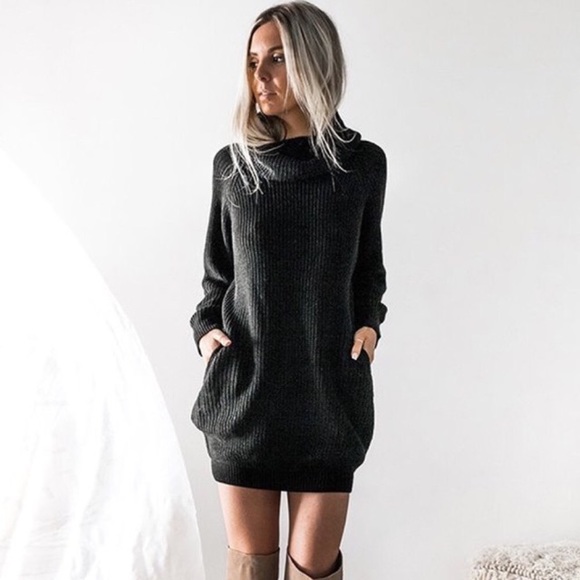 Sweaters - Cozy Cowl Neck Chunky Knit Sweater Dress w Pockets